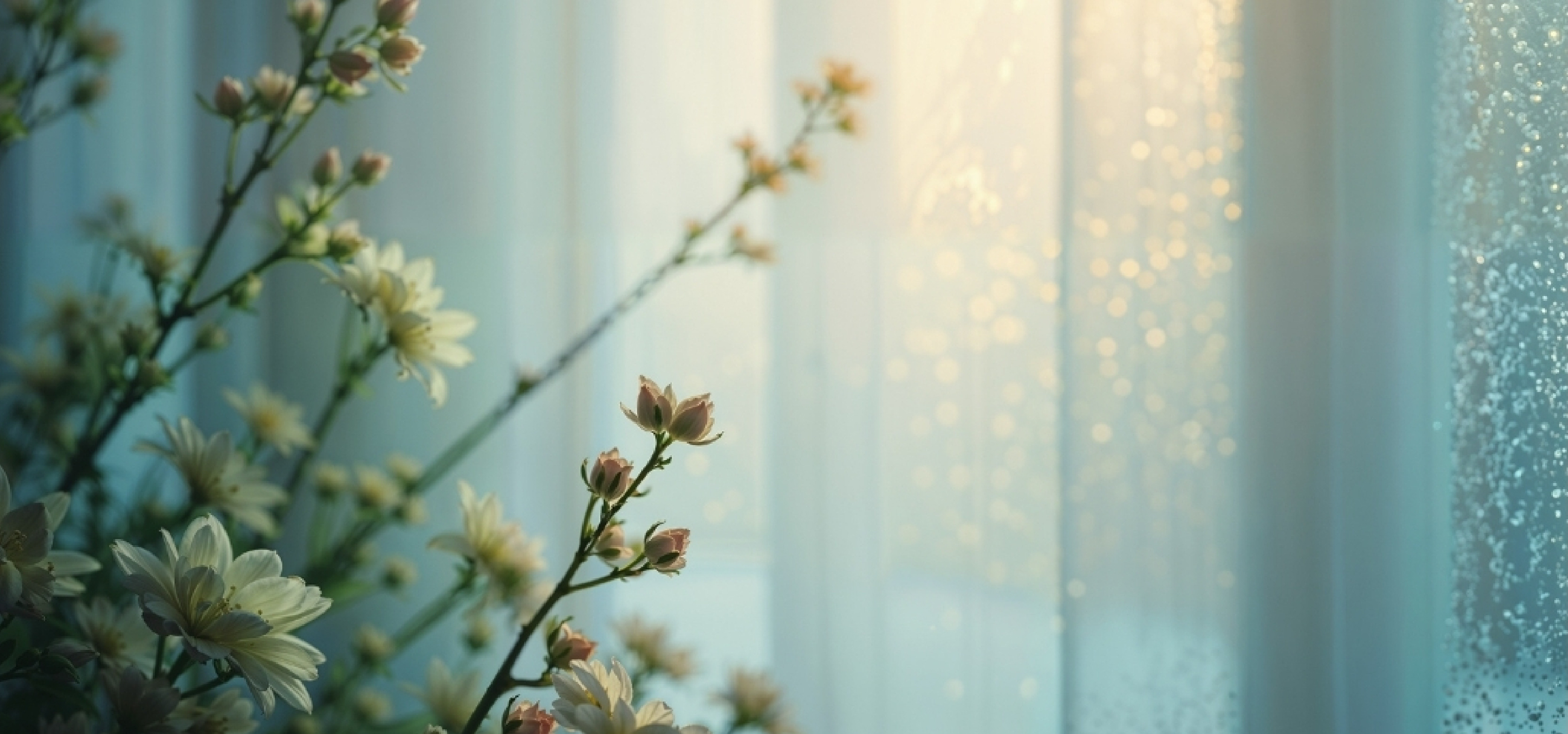 雨粒の窓辺と花